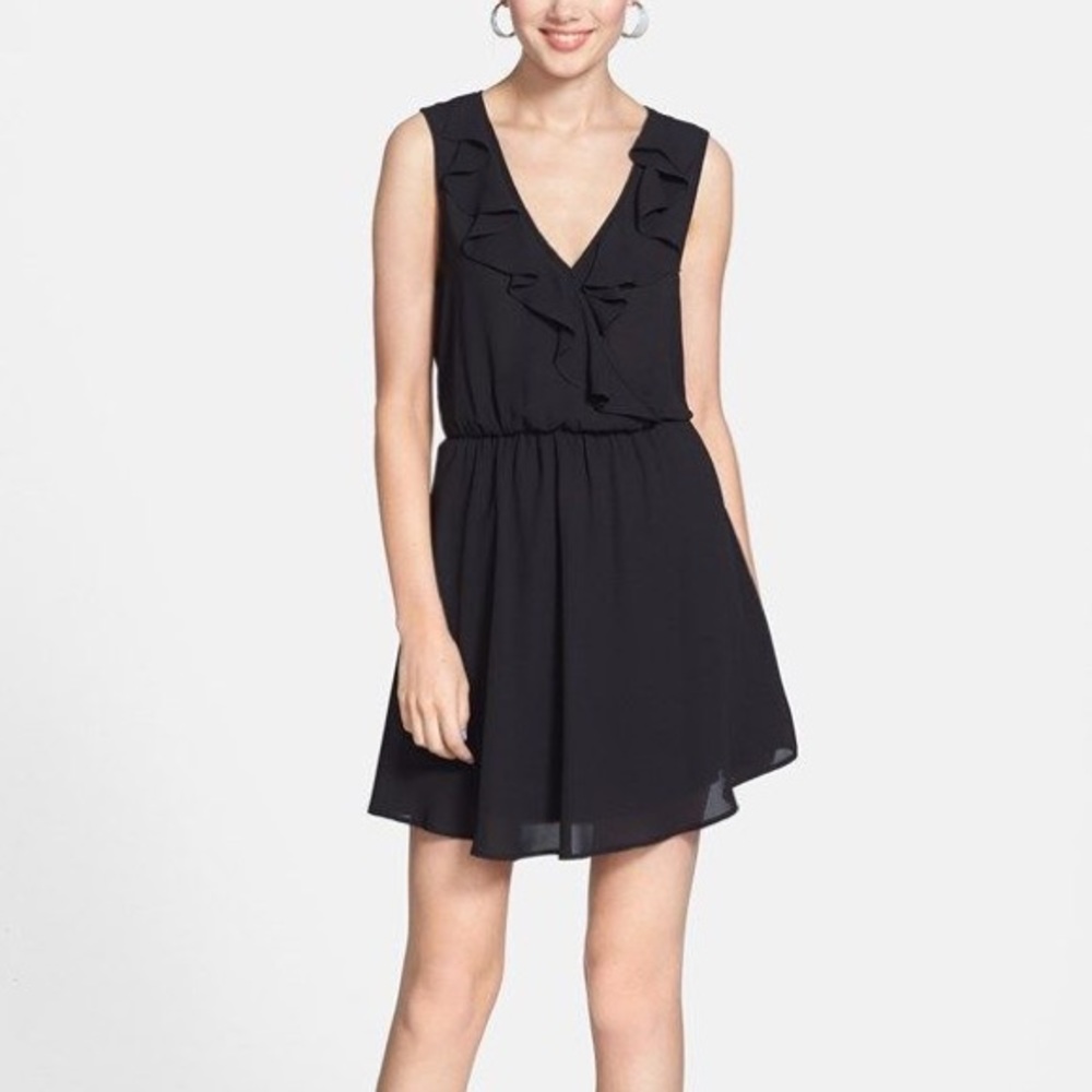 Lush Black Ruffle V-Neck Sleeveless Skater Dress